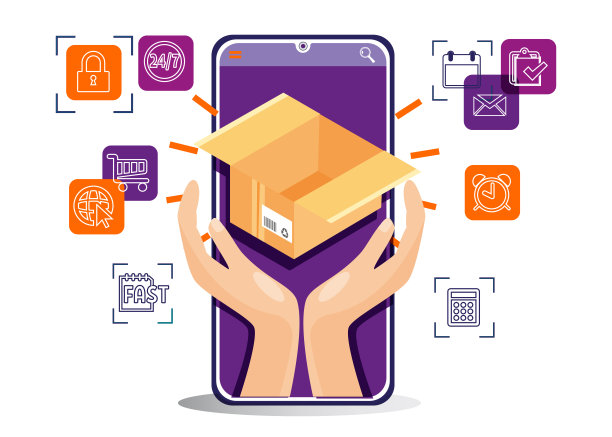 快速运输和全球电子商务概念在平面风格。双手拿着一个纸板箱和一个手机，白色背景上有送货的线性图标。图片下载