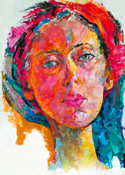 插图油画肖像的乌克兰妇女在一个头巾披巾覆盖的头发在明亮的对比背景图片下载