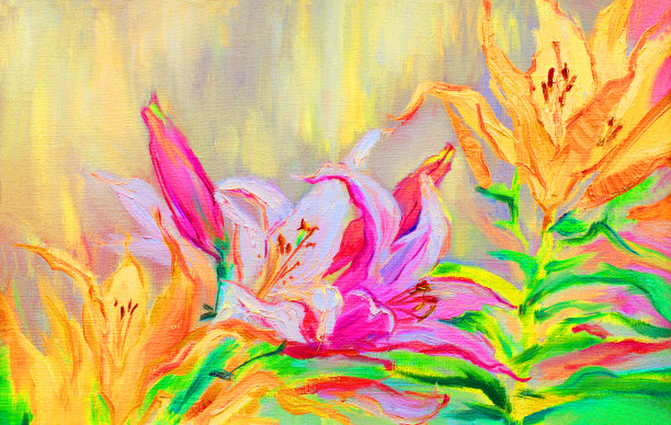 插画艺术作品油画油画风景盛开的白色百合花图片下载