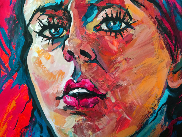 插图油画肖像的年轻女子与明亮的嘴唇和飘扬的头发在抽象的背景图片下载