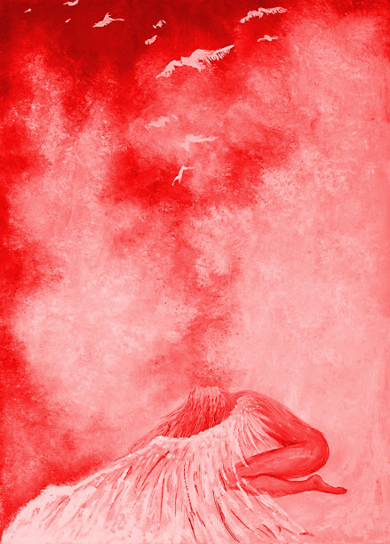 插图油画肖像的一个女人的长头发的形式与翅膀的守护天使保护她的孩子在阳光的红色色调的背景图片下载