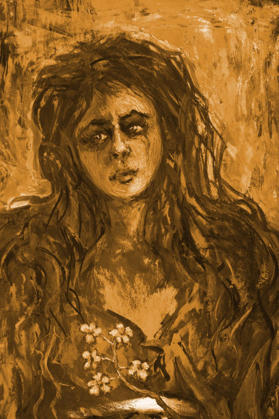 插图油画在深褐色肖像的一个年轻的女人长头发在乌克兰服装在明亮的背景图片下载