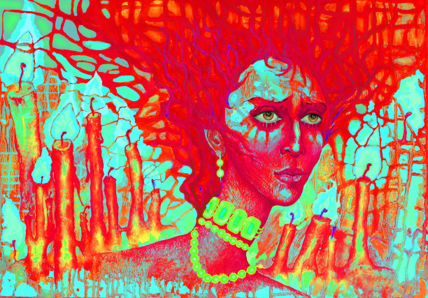 插图油画肖像的悲剧的女人在金色的珠宝在红色阴影燃烧的蜡烛的背景图片下载