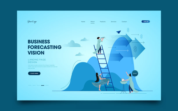 女商人站在高高的梯子上，拿着望远镜眺望远方图片下载