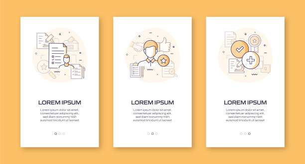 调查和证明书概念入职移动应用程序页面屏幕与平面图标。UI设计模板矢量插图图片下载