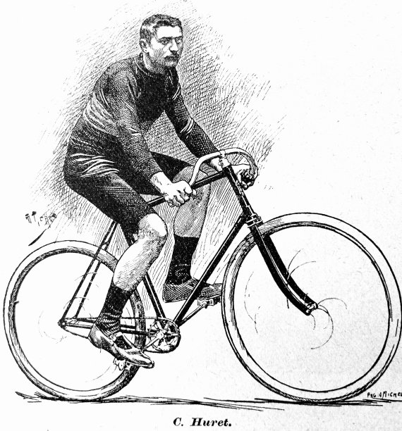 骑自行车的C. Huret，骑着他的自行车，侧面在白色的背景图片下载