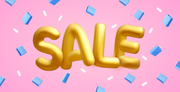 3d销售横幅与黄金文字和礼品袋图片下载