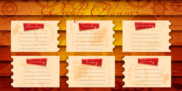 周报，日记，复古风格的计划概念。以邮票的形式在旧木制背景上的每周待办事项。图片下载