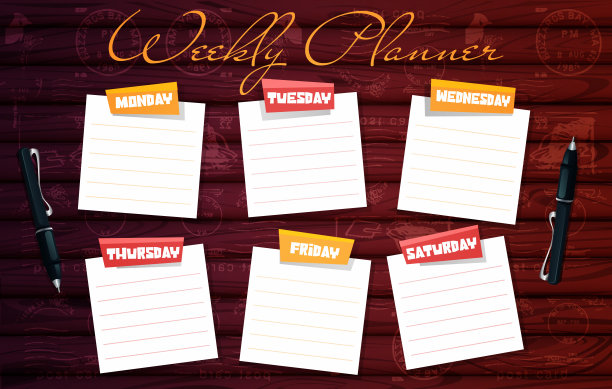 周报、日记，以旅行和流浪的风格写就。纸票据在无缝的木制背景与邮票。图片下载