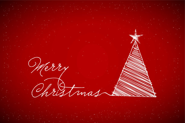 白色三角形形状的树充满了涂鸦和一颗星星在一个充满活力的暗栗色横向圣诞节日向量背景与短信圣诞快乐图片下载