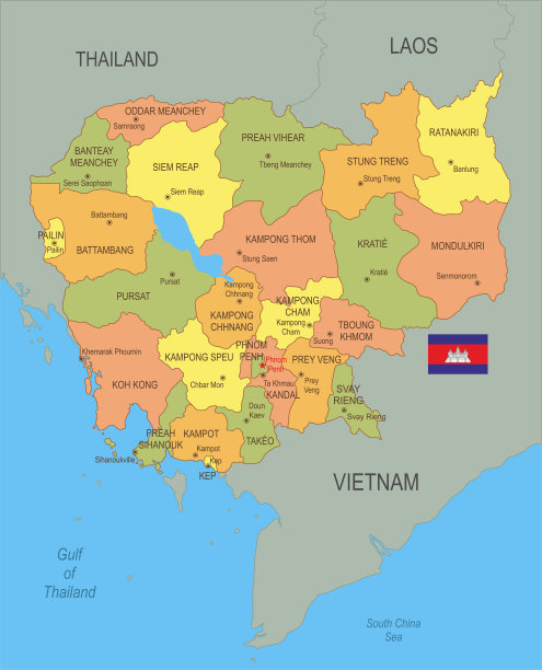 带有旗帜的柬埔寨平面地图图片下载