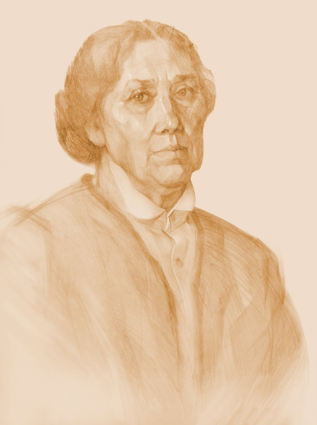 时尚的夏季插图现代艺术作品，我的原始铅笔在纸上画的印象主义垂直肖像，一个老疲倦的女人在一个白色经典衬衫领子和羊毛针织夹克图片下载