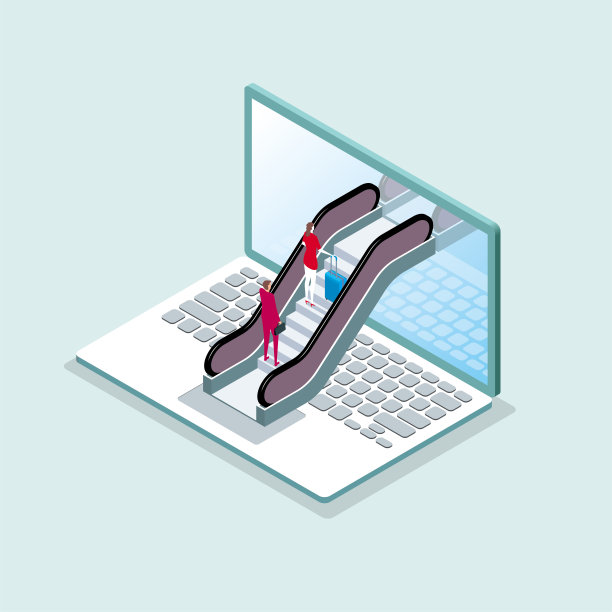 超现实主义设计，两人爬上笔记本电脑的梯子。图片下载