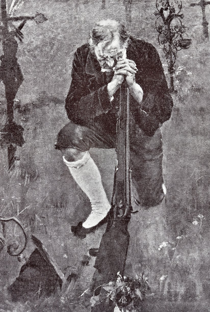 一个老人跪在墓地里，看着枪管图片下载