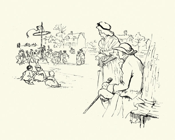 一对老夫妇看着年轻的民间舞蹈围绕五月柱，维多利亚19世纪图片下载