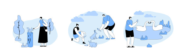 人们在大自然中放松，在公园里喂养野生动物和天鹅。男性女性和人物户外休闲图片下载