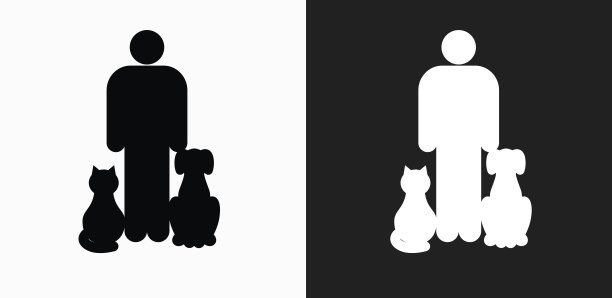 猫和狗旁边的主人图标在黑色和白色矢量背景图片下载