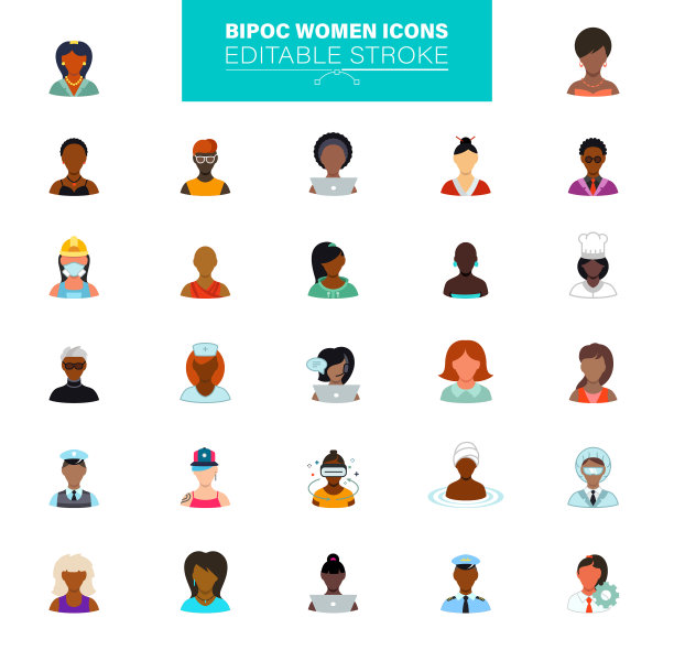 BIPOC女性图标。包含图标作为多种族群体，头像，人脸，职业图片下载