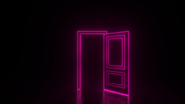 粉红色的霓虹灯打开的门发光的线条。赛博朋克霓虹门背景概念。发光的霓虹灯框架。现代3d图形概念。三维渲染图片下载