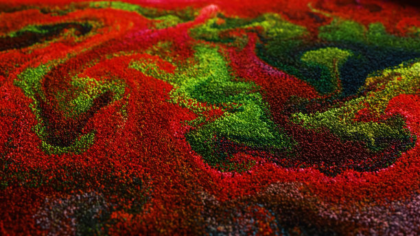 彩色颗粒、球、球、抽象的流动物质、有梯度的液体。粒子流以模拟的圆点波的形式在背景中移动。超现实主义运动。三维渲染图片下载