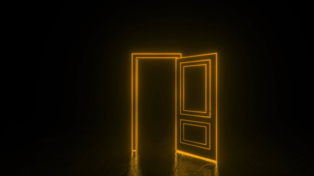 橙色的霓虹灯打开门，发光的线条。赛博朋克霓虹门背景概念。发光的霓虹灯框架。现代3d图形概念。三维渲染图片下载