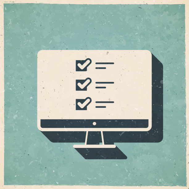 带有检查表的台式电脑。图标复古复古风格-旧纹理纸图片下载