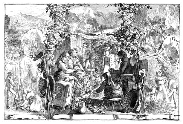 1864年，人们在德国采集啤酒花图片下载