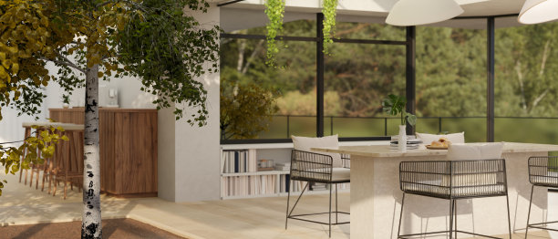 现代城市生态友好型住宅的室内设计，配有漂亮的餐桌图片下载