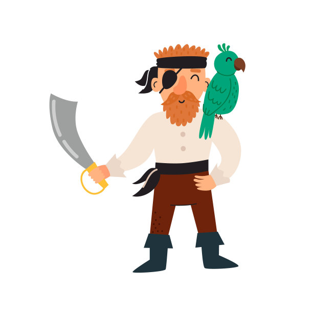 可爱的海盗，拿着剑，肩上还扛着鹦鹉。矢量图图片下载
