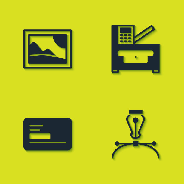 集图片景观，钢笔笔尖，名片和复印机图标。向量图片下载