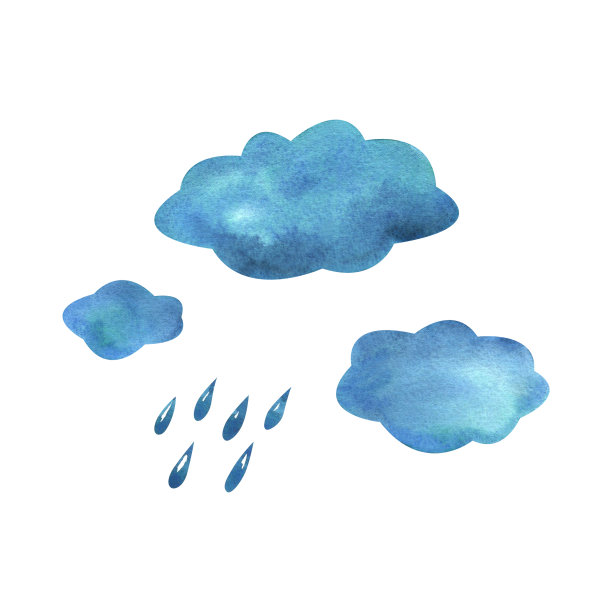 抽象的蓝色云与雨滴。水彩插图，手绘在一个孩子的风格。白色背景上的一组孤立物体。图片下载