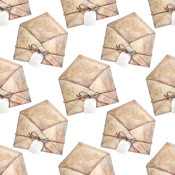 无缝图案水彩空开邮政信封与标签在白色背景。米色工艺纸用于卡片明信片或庆祝活动的邀请和信件。艺术包装和壁纸剪贴簿图片下载
