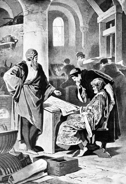 约翰内斯·古腾堡向另外两个人解释了他发明的印刷术图片下载