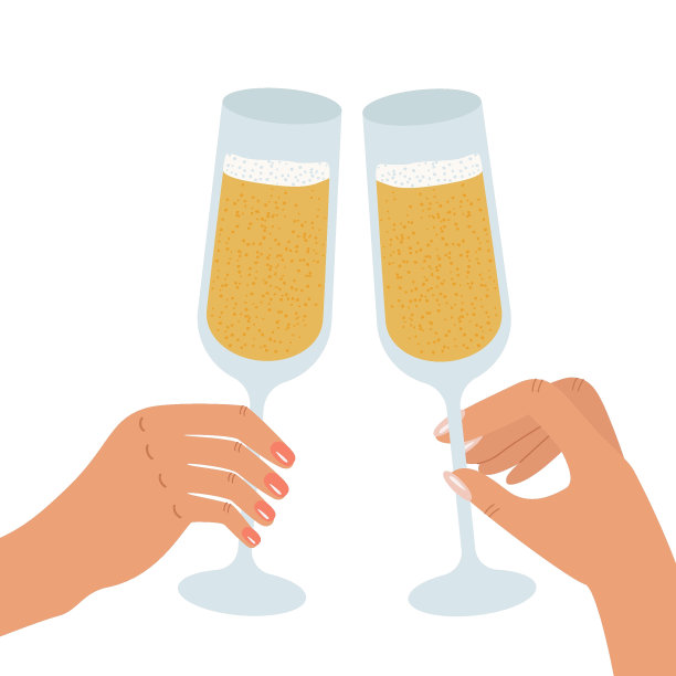 女人的手拿着香槟酒杯。一种节日问候插画的概念。矢量插图明信片，设计，印刷，网页图片下载