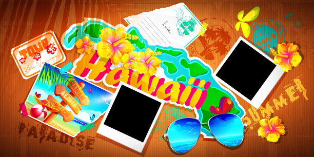 阿罗哈夏威夷热带假日概念卡通风格。来自夏威夷的明信片，带有热带贴纸和快速打印照片的纸板复古背景的文字空间。图片下载