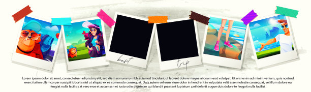 旅行，徒步旅行，冒险卡通风格。快速打印照片与空白的垃圾混凝土背景。图片下载