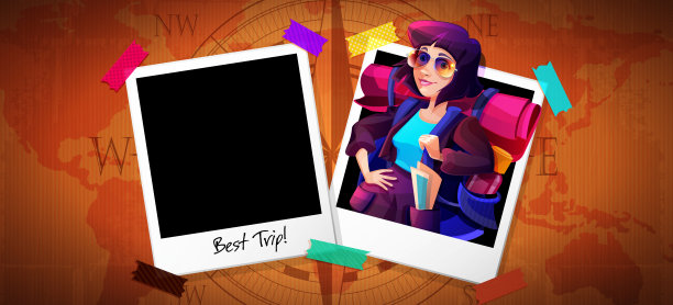 旅行，徒步旅行，冒险卡通风格。快速打印照片与一个年轻的女孩-一个游客在硬纸板的复古背景与世界地图。图片下载