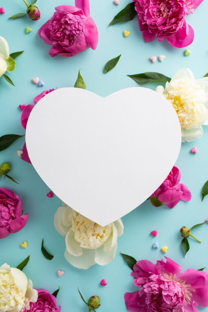 美丽鲜花的概念。上面的垂直视图照片，心形的空白空间与品红和白色的牡丹和五彩纸屑心在孤立的浅蓝色背景与复制空间图片下载