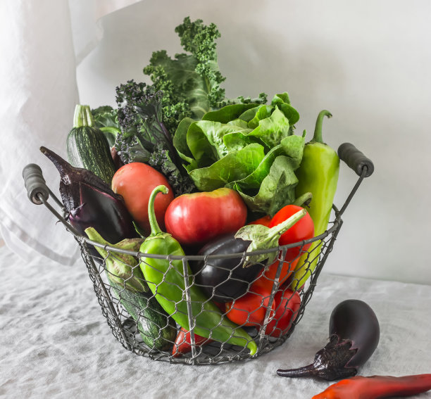 篮子里放着新鲜的菜园应季蔬菜——羽衣甘蓝、茄子、西红柿、西葫芦、生菜、胡椒，背景淡一点。健康食品生态园艺理念图片下载