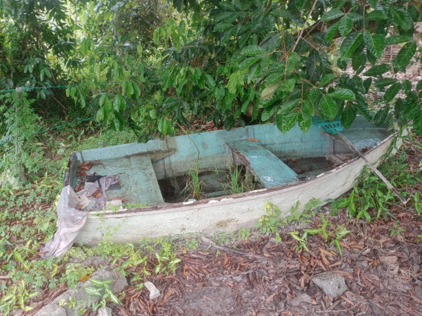 在一个村庄的特写镜头中被遗弃的蓝色船图片下载