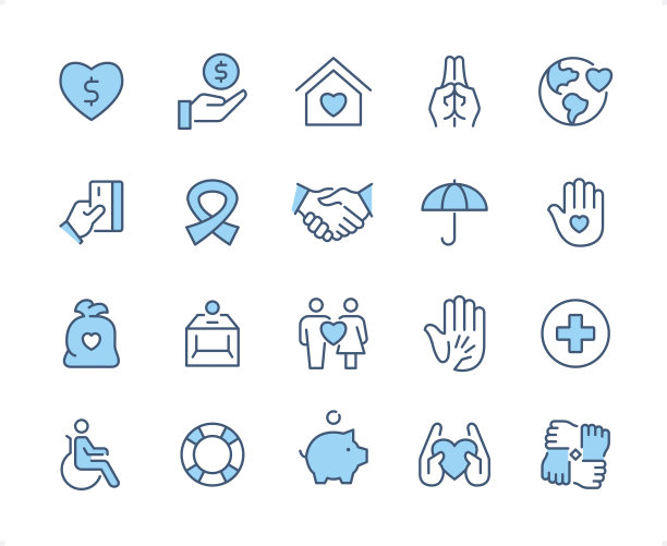慈善机构的图标集。可编辑的笔划粗细。完美的像素二色图标。图片下载