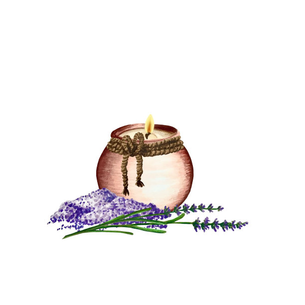 蜡烛在陶罐薰衣草枝和一把紫色盐，手绘标记插图在水彩技术图片下载