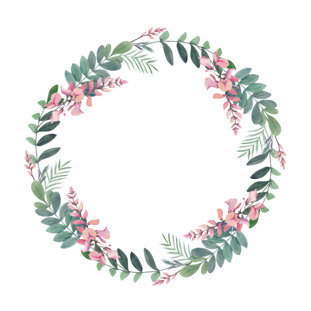 手绘水彩画靛蓝花叶天然植物染料和爱好材料。植物插图孤立的圆形花环，白色背景。商店标志，印刷品，网站，名片，小册子图片下载