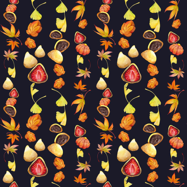 水彩无缝图案与手绘传统日本糖果。和木、麻糬、秋天的枫叶。孤立的彩色背景。请柬，餐厅菜单，贺卡，印刷品，纺织品图片下载