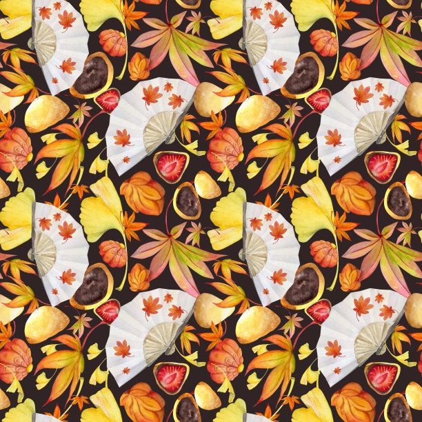 水彩无缝图案与手绘传统日本糖果。和木、麻糬、秋天的枫叶。孤立在黑暗的背景。请柬，餐厅菜单，贺卡，印刷品，纺织品图片下载
