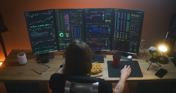 男性股票交易者在个人电脑上观看实时股票的后视图图片下载