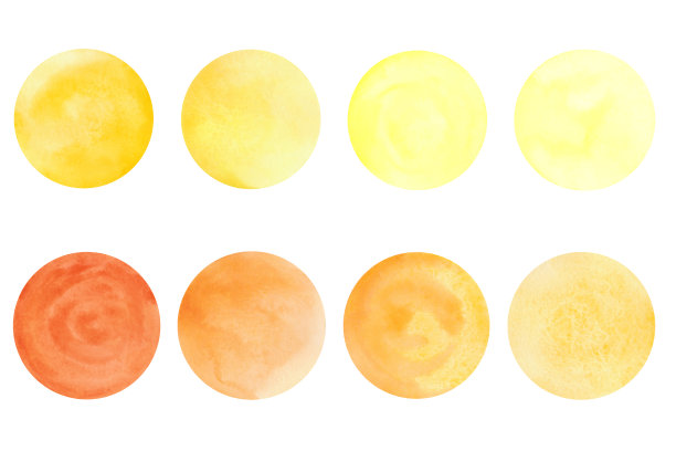 一组水彩圆圈，黄色和橙色，孤立在一个白色的背景。图片下载