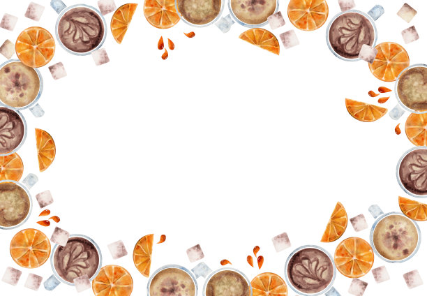 水彩手绘圆圈框架花环与咖啡杯，方糖，橙滴和片。孤立在白色背景上。用于邀请函，咖啡厅，餐厅食物菜单，打印，网站，卡片图片下载