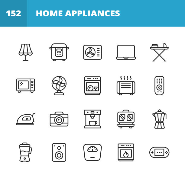 电器线路图标。可编辑的中风。像素完美。移动和网络。包含如灯，空调，笔记本电脑，微波炉，烤面包机，扬声器，搅拌机，烤箱，洗碗机等图标。图片下载