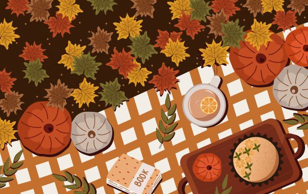 秋天的户外野餐。南瓜、蛋糕、热咖啡、秋叶。舒适。矢量图图片下载